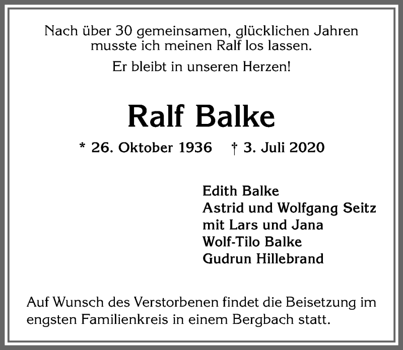 Traueranzeige von Ralf Balke von Allgäuer Anzeigeblatt