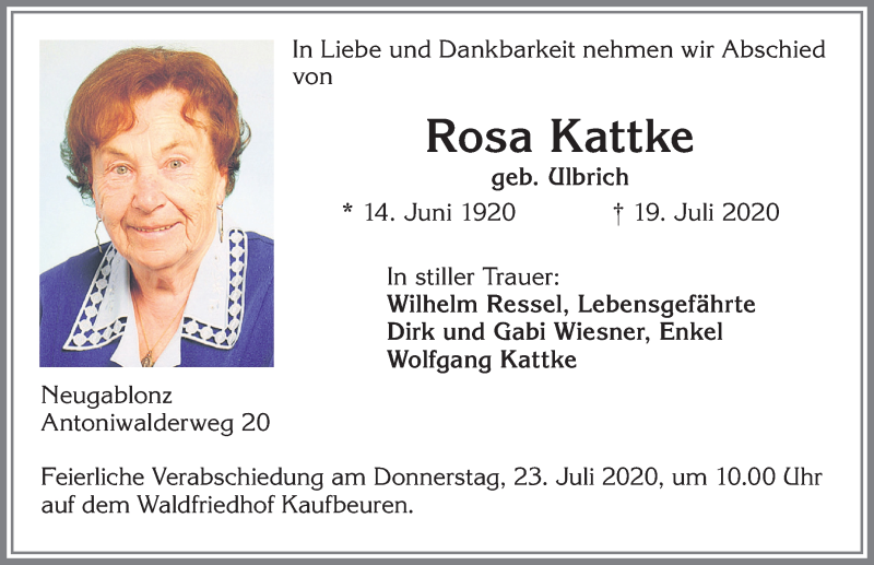 Traueranzeige von Rosa Kattke von Allgäuer Zeitung, Kaufbeuren/Buchloe
