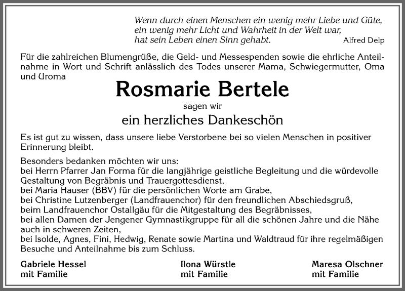 Traueranzeige von Rosmarie Bertele von Allgäuer Zeitung, Kaufbeuren/Buchloe