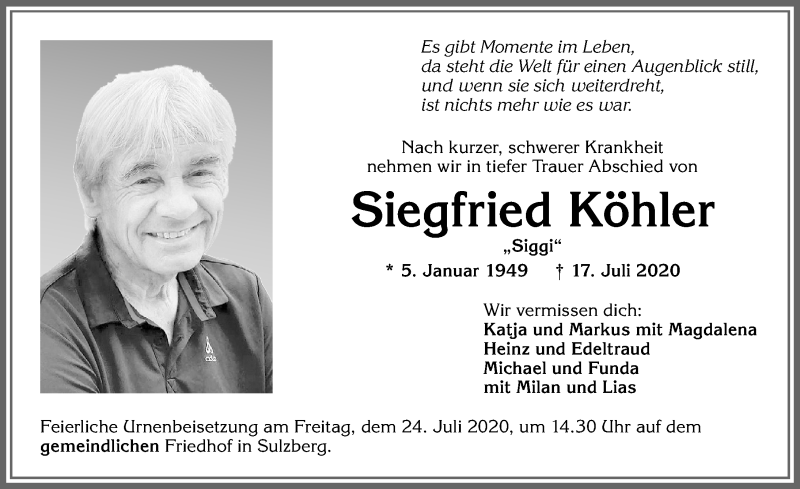 Traueranzeige von Siegfried Köhler von Allgäuer Zeitung,Kempten
