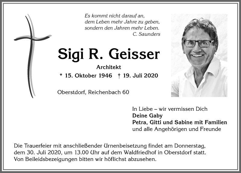 Traueranzeige von Sigi R. Geisser von Allgäuer Anzeigeblatt