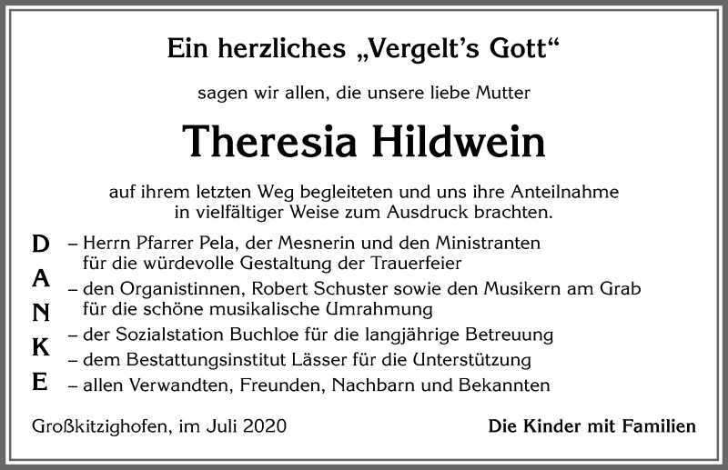 Traueranzeige von Theresia Hildwein von Allgäuer Zeitung, Kaufbeuren/Buchloe