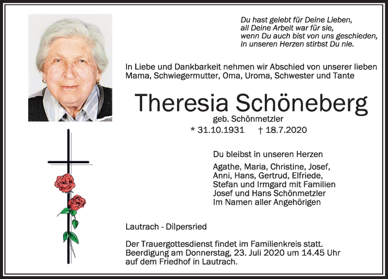 Traueranzeige von Theresia Schöneberg von Memminger Zeitung