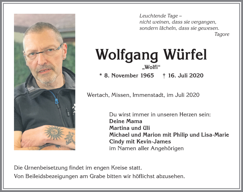  Traueranzeige für Wolfgang Würfel vom 22.07.2020 aus Allgäuer Anzeigeblatt