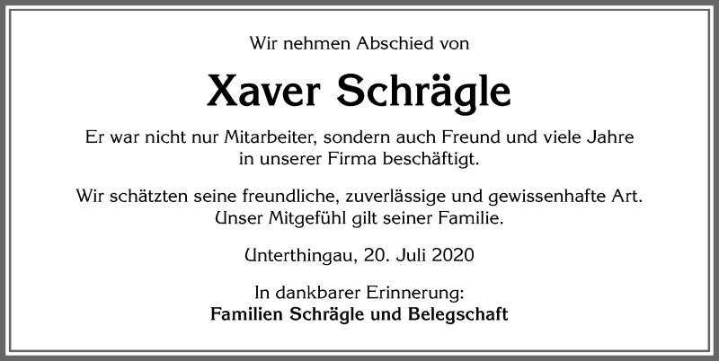Traueranzeige von Xaver Schrägle von Allgäuer Zeitung, Marktoberdorf