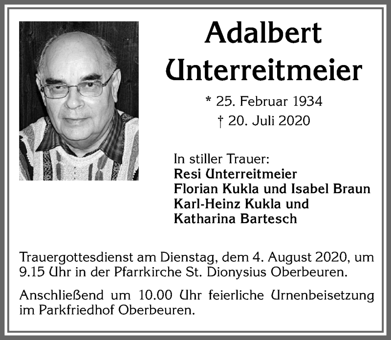 Traueranzeige von Adalbert Unterreitmeier von Allgäuer Zeitung, Kaufbeuren/Buchloe