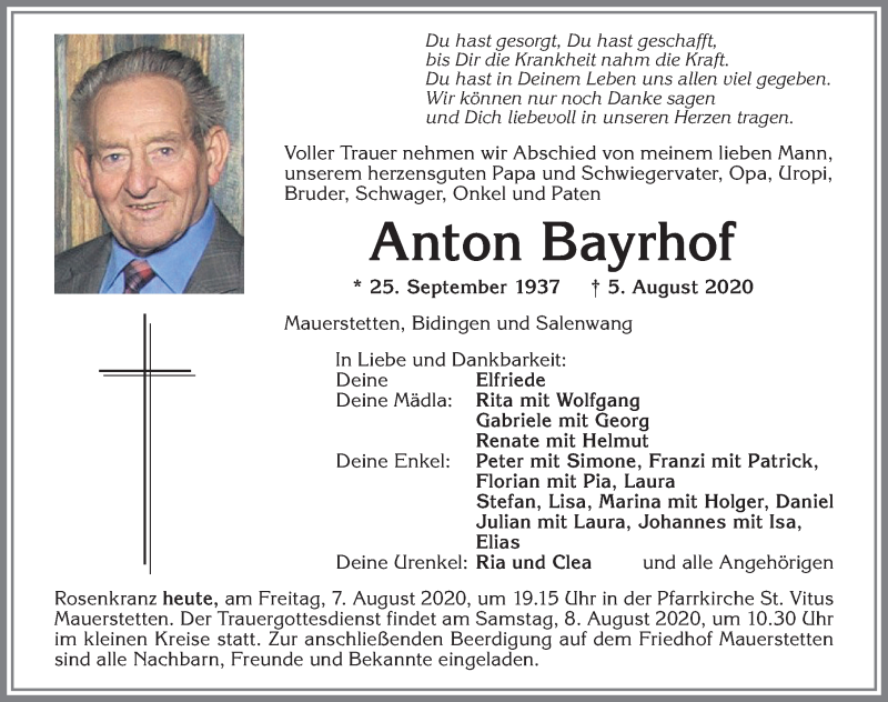 Traueranzeige von Anton Bayrhof von Allgäuer Zeitung, Kaufbeuren/Buchloe