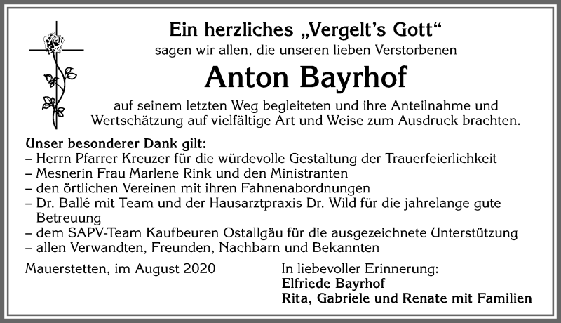 Traueranzeige von Anton Bayrhof von Allgäuer Zeitung, Kaufbeuren/Buchloe