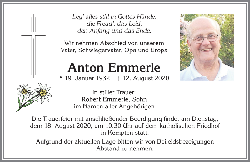 Traueranzeige von Anton Emmerle von Allgäuer Zeitung,Kempten