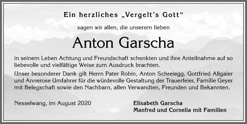 Traueranzeige von Anton Garscha von Allgäuer Zeitung, Füssen