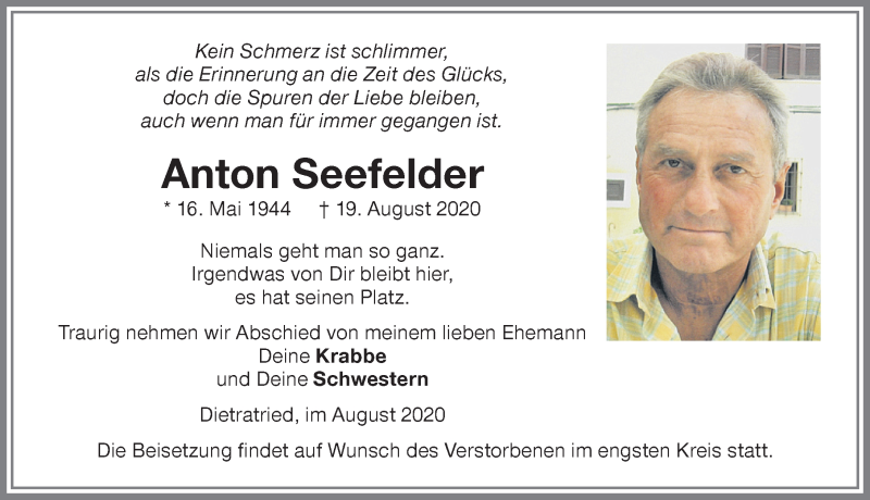 Traueranzeige von Anton Seefelder von Memminger Zeitung