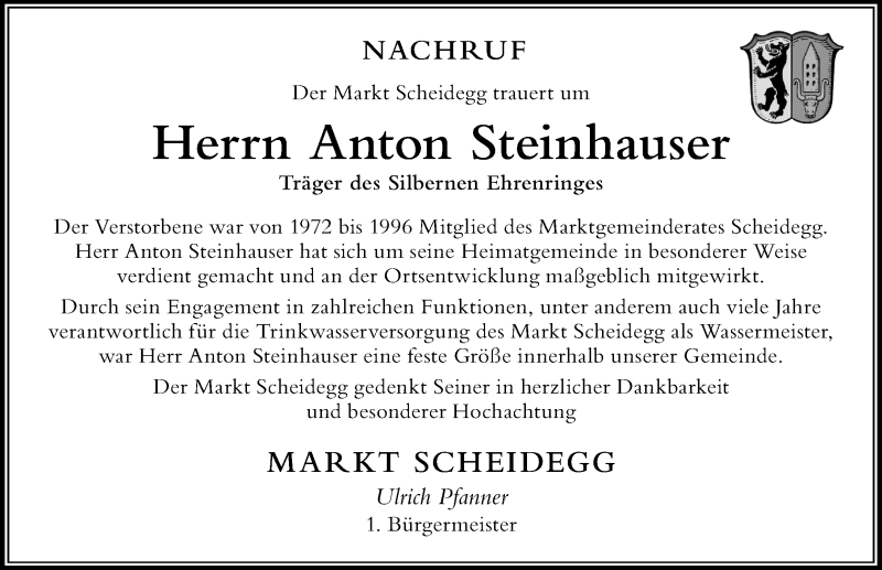 Traueranzeige von Anton Steinhauser von Der Westallgäuer