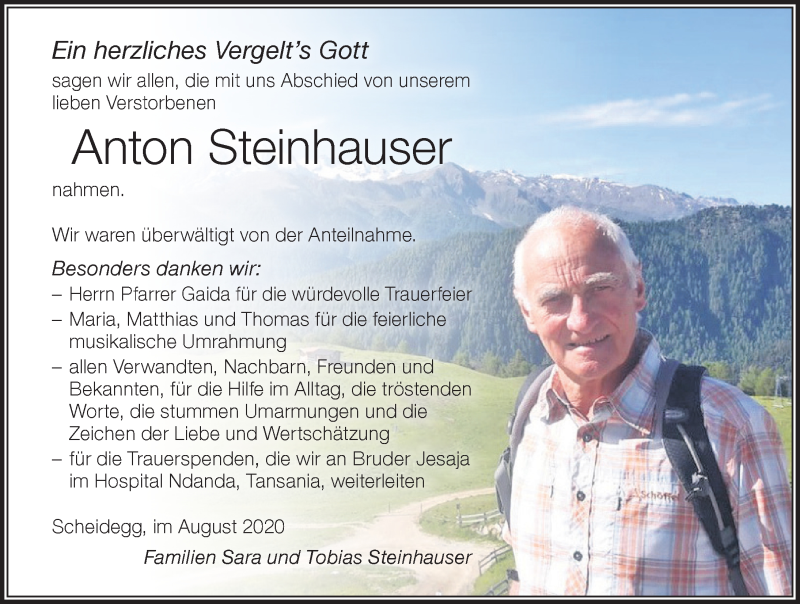 Traueranzeige von Anton Steinhauser von Der Westallgäuer