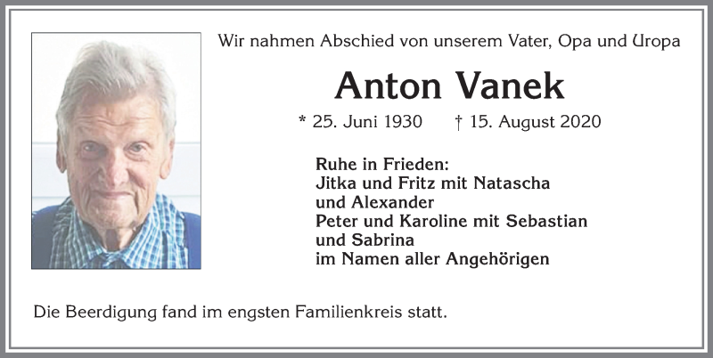 Traueranzeige von Anton Vanek von Allgäuer Zeitung, Kaufbeuren/Buchloe