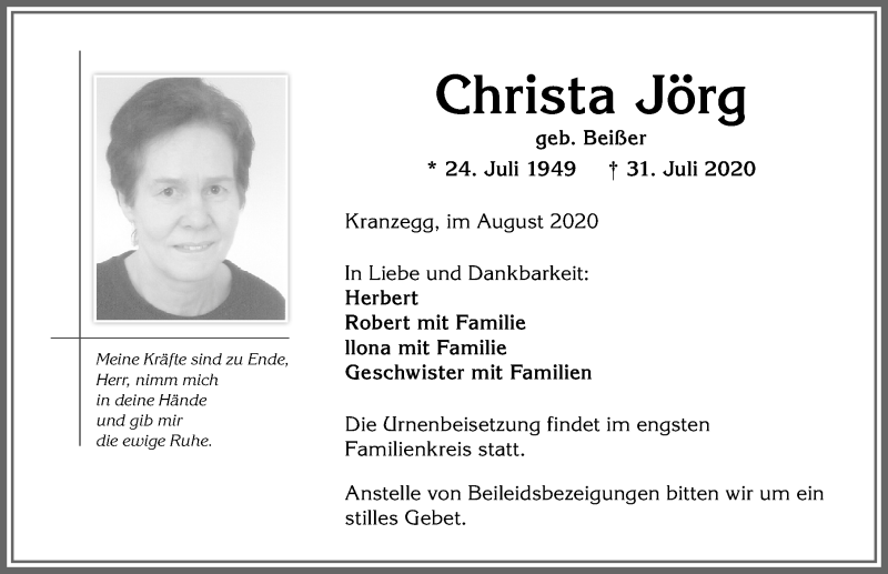 Traueranzeigen Von Christa Jörg Augsburger Allgemeine Zeitung 