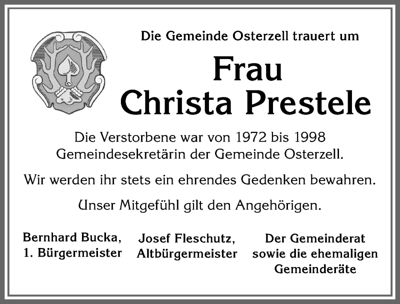 Traueranzeige von Christa Prestele von Allgäuer Zeitung, Kaufbeuren/Buchloe