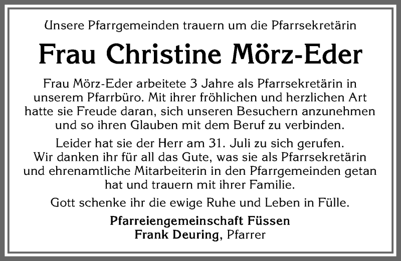 Traueranzeige von Christine Mörz-Eder von Allgäuer Zeitung, Füssen