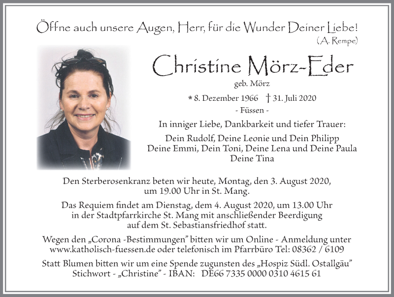 Traueranzeige von Christine Mörz-Eder von Allgäuer Zeitung, Füssen