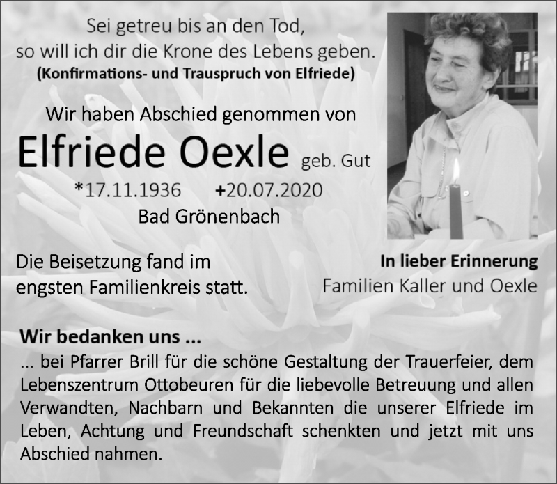 Traueranzeige von Elfriede Oexle von Memminger Zeitung