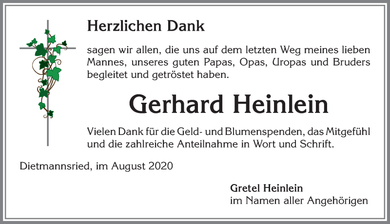 Traueranzeige von Gerhard Heinlein von Allgäuer Zeitung,Kempten