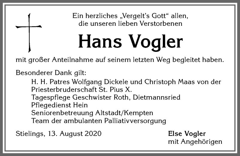 Traueranzeige von Hans Vogler von Allgäuer Zeitung,Kempten