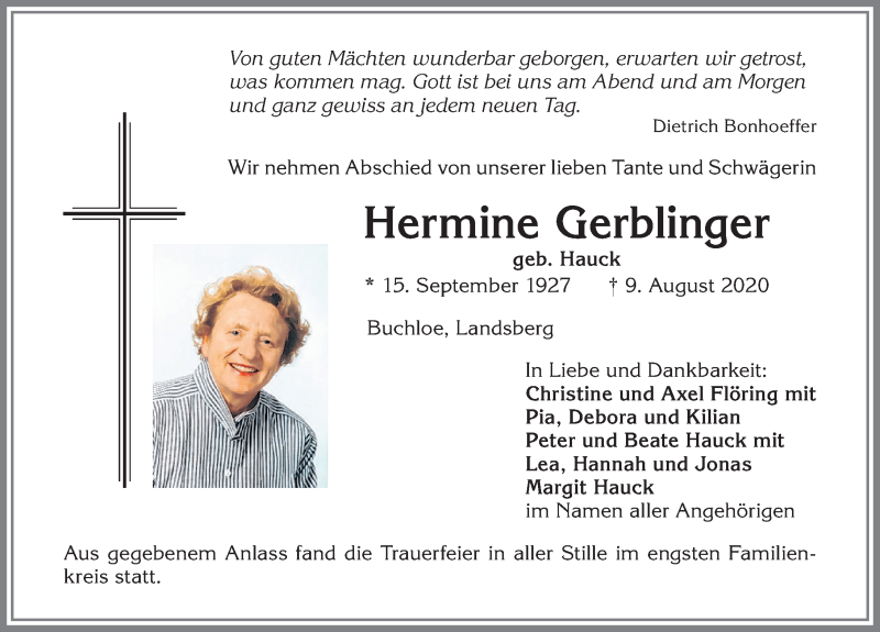 Traueranzeige von Hermine Gerblinger von Allgäuer Zeitung, Kaufbeuren/Buchloe