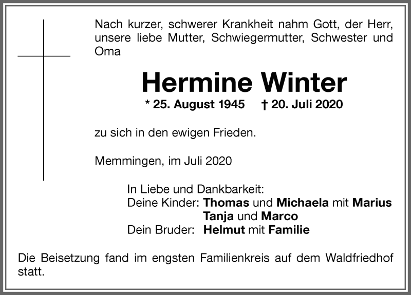 Traueranzeige von Hermine Winter von Memminger Zeitung