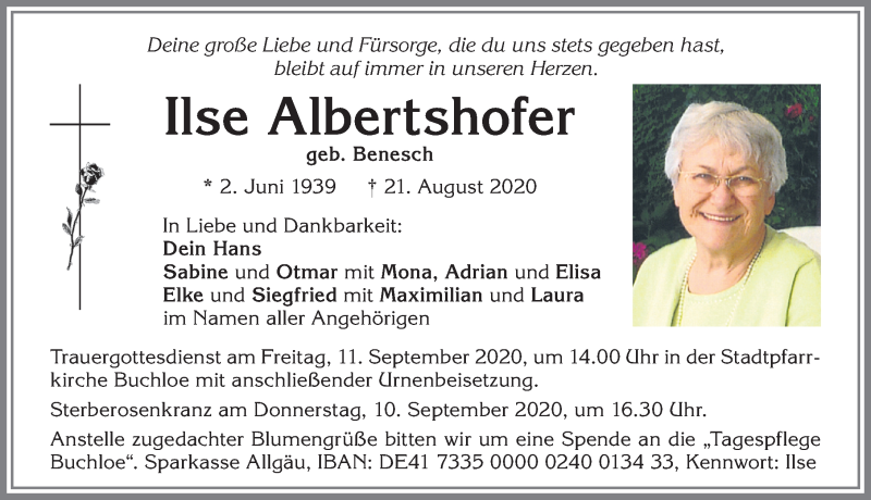 Traueranzeige von Ilse Albertshofer von Allgäuer Zeitung, Kaufbeuren/Buchloe