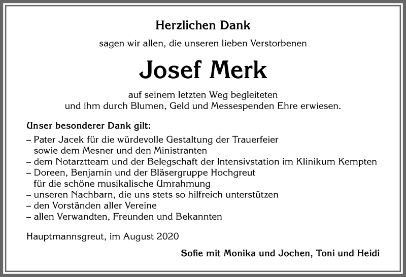 Traueranzeige von Josef Merk von Allgäuer Zeitung,Kempten