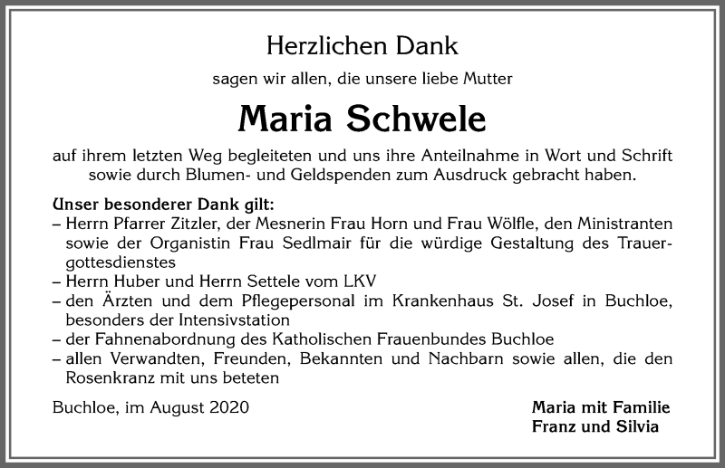 Traueranzeige von Maria Schwele von Allgäuer Zeitung, Kaufbeuren/Buchloe