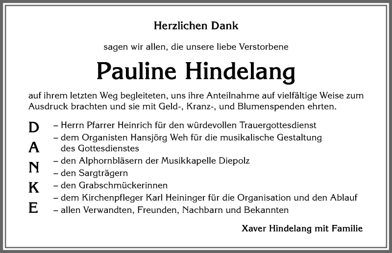 Traueranzeige von Pauline Hindelang von Allgäuer Anzeigeblatt