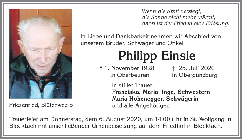 Traueranzeige von Philipp Einsle von Allgäuer Zeitung, Kaufbeuren/Buchloe