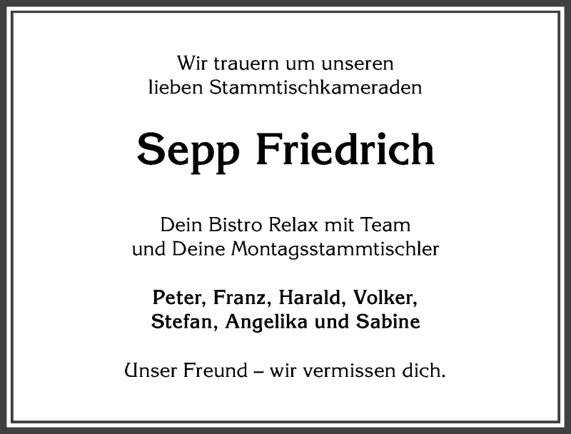 Traueranzeige von Sepp Friedrich von Allgäuer Anzeigeblatt