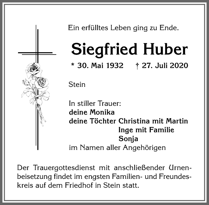 Traueranzeige von Siegfried Huber von Allgäuer Anzeigeblatt