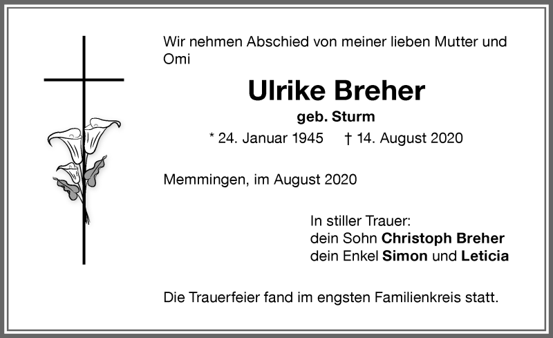 Traueranzeige von Ulrike Breher von Memminger Zeitung