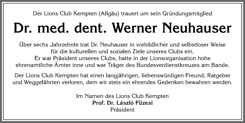 Traueranzeige von Werner Neuhauser von Allgäuer Zeitung,Kempten