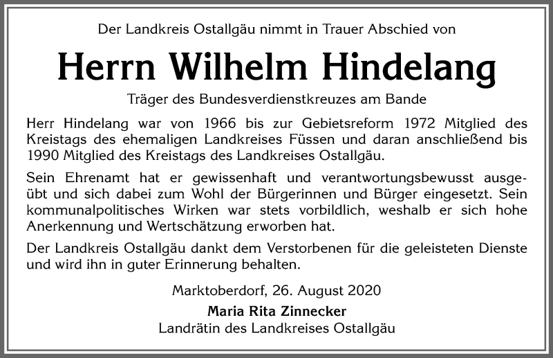 Traueranzeige von Wilhelm Hindelang von Allgäuer Zeitung