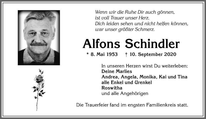 Traueranzeige von Alfons Schindler von Allgäuer Zeitung, Kaufbeuren/Buchloe