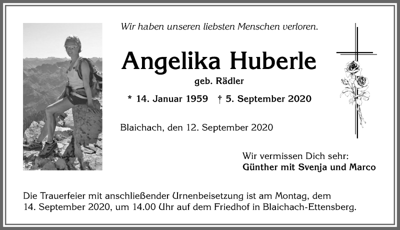 Traueranzeige von Angelika Huberle von Allgäuer Anzeigeblatt