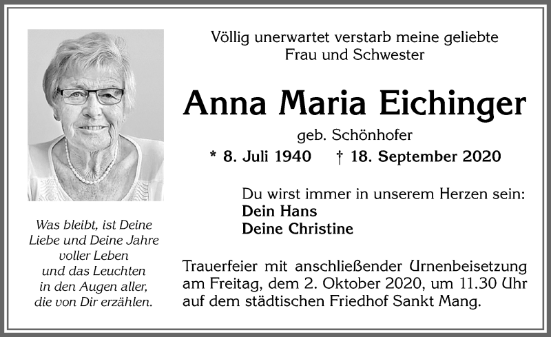 Traueranzeige von Anna Maria Eichinger von Allgäuer Zeitung,Kempten