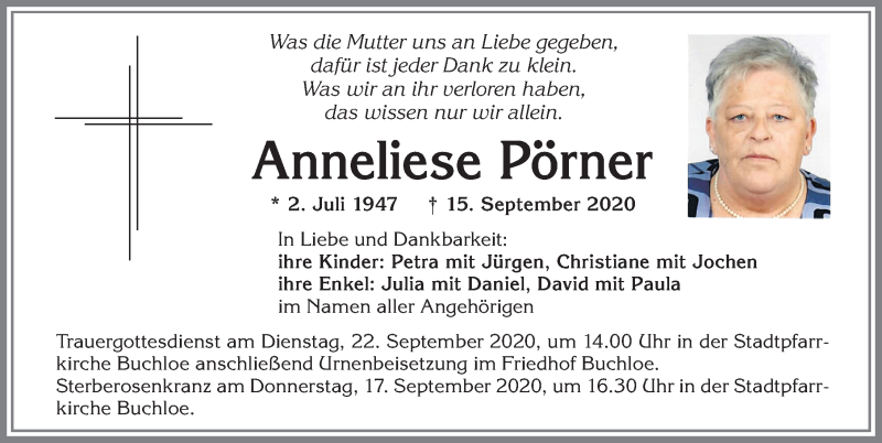 Traueranzeige von Anneliese Pörner von Allgäuer Zeitung, Kaufbeuren/Buchloe