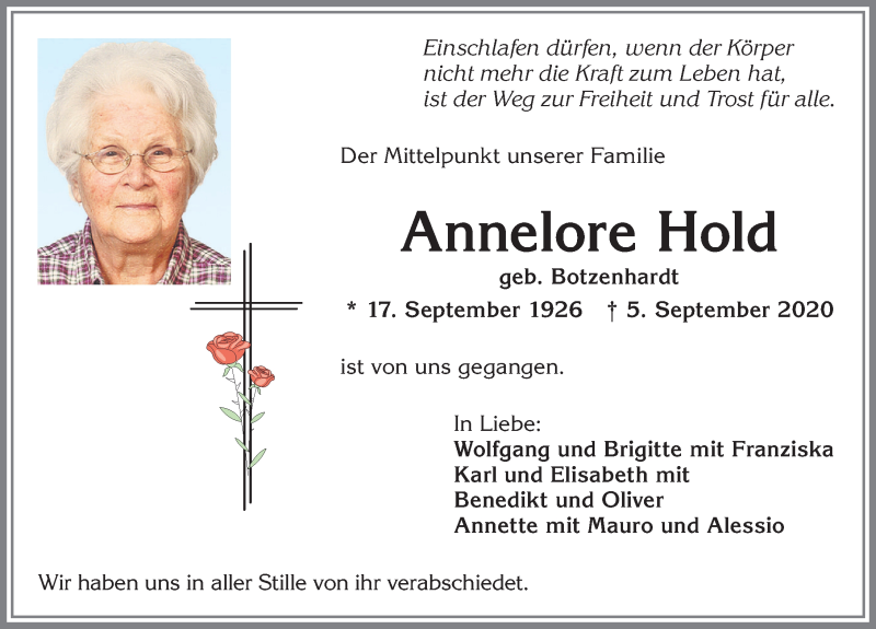 Traueranzeige von Annelore Hold von Allgäuer Zeitung,Kempten