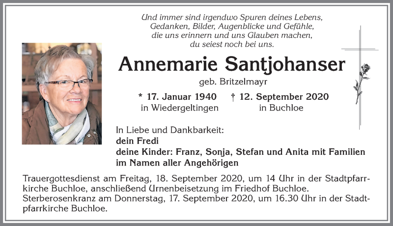 Traueranzeige von Annemarie Santjohanser von Allgäuer Zeitung, Kaufbeuren/Buchloe