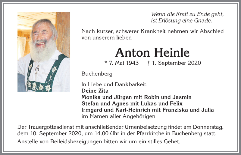 Traueranzeige von Anton Heinle von Allgäuer Zeitung,Kempten