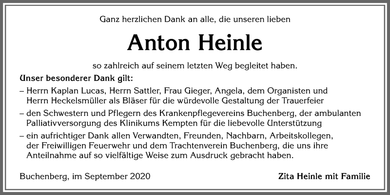 Traueranzeige von Anton Heinle von Allgäuer Zeitung,Kempten