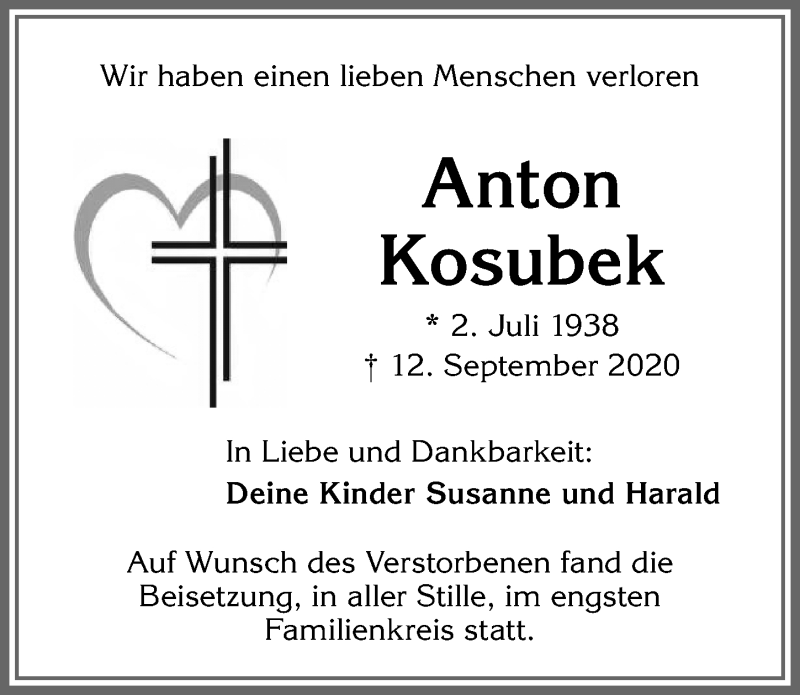 Traueranzeige von Anton Kosubek von Allgäuer Zeitung, Kaufbeuren/Buchloe