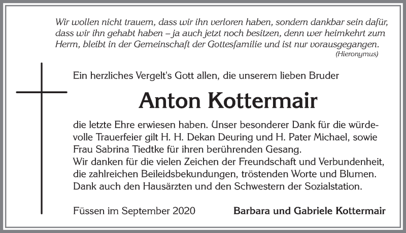 Traueranzeige von Anton Kottermair von Allgäuer Zeitung, Füssen