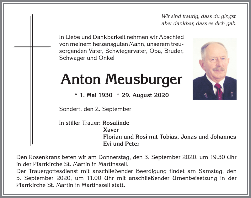 Traueranzeige von Anton Meusburger von Allgäuer Zeitung