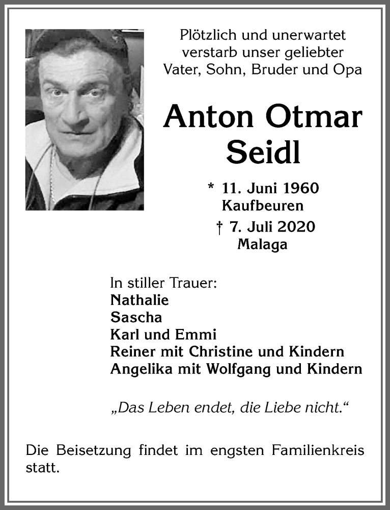 Traueranzeige von Anton Otmar Seidl von Allgäuer Zeitung, Kaufbeuren/Buchloe