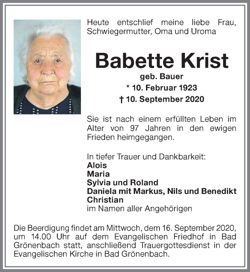 Traueranzeige von Babette Krist von Memminger Zeitung